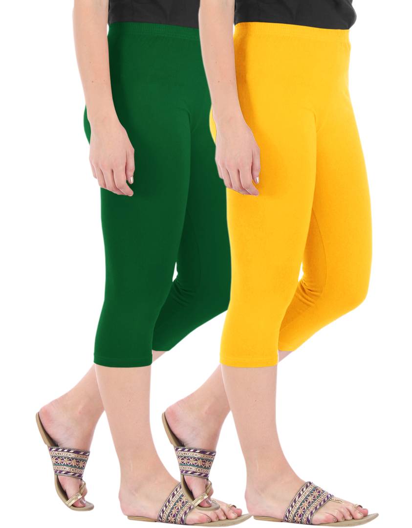 Stunning Cotton Blend Solid Skinny Fit 3/4 Capris Leggings For Women-Pack of 2